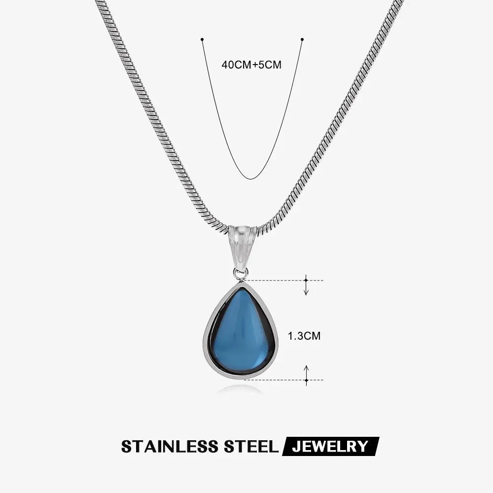 New Style Olive Green Blue Droplet Pendant Necklace For Women Girls Stainless Steel Vintage Clavicle Chain Wedding Jewelry Gift