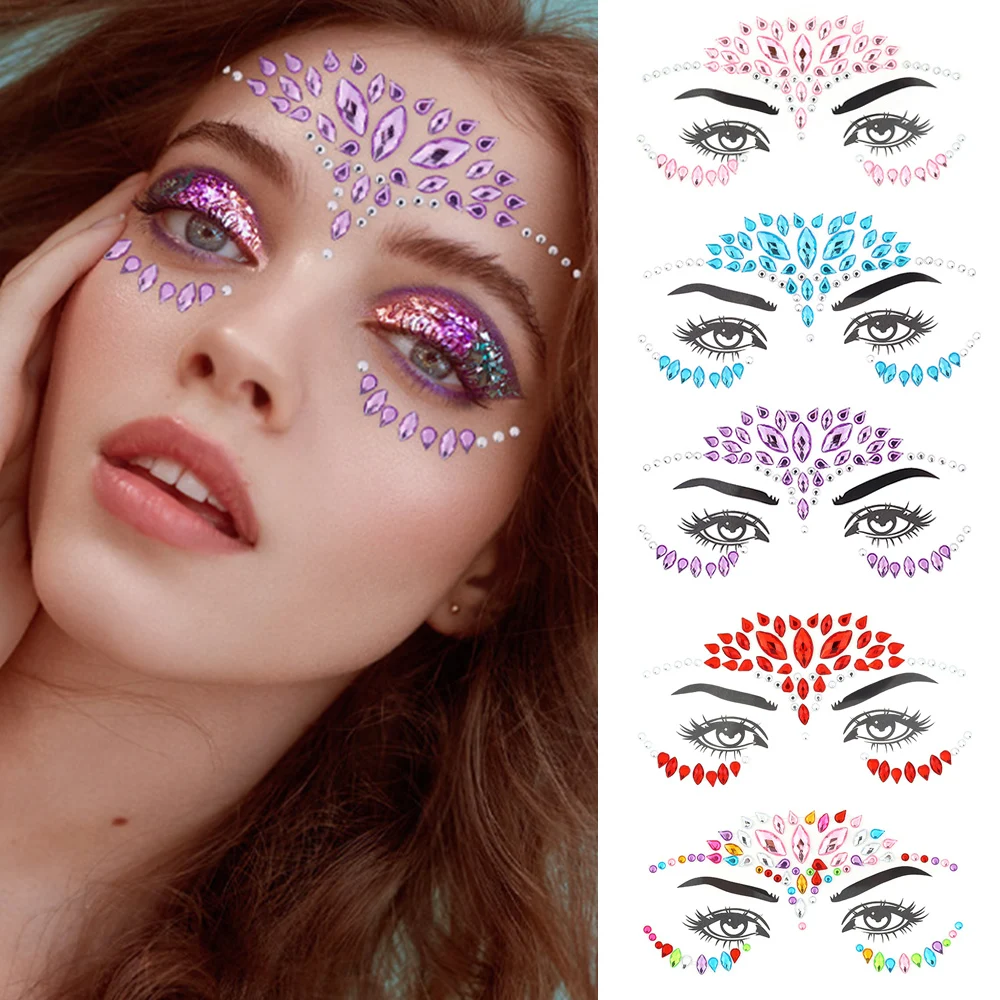 3D Face Jewels Tattoo Shiny Rhinestones Eyebrow Gems Sticker Self Adhesive Diamond Face Sticker DIY Beauty Music Festival Decor