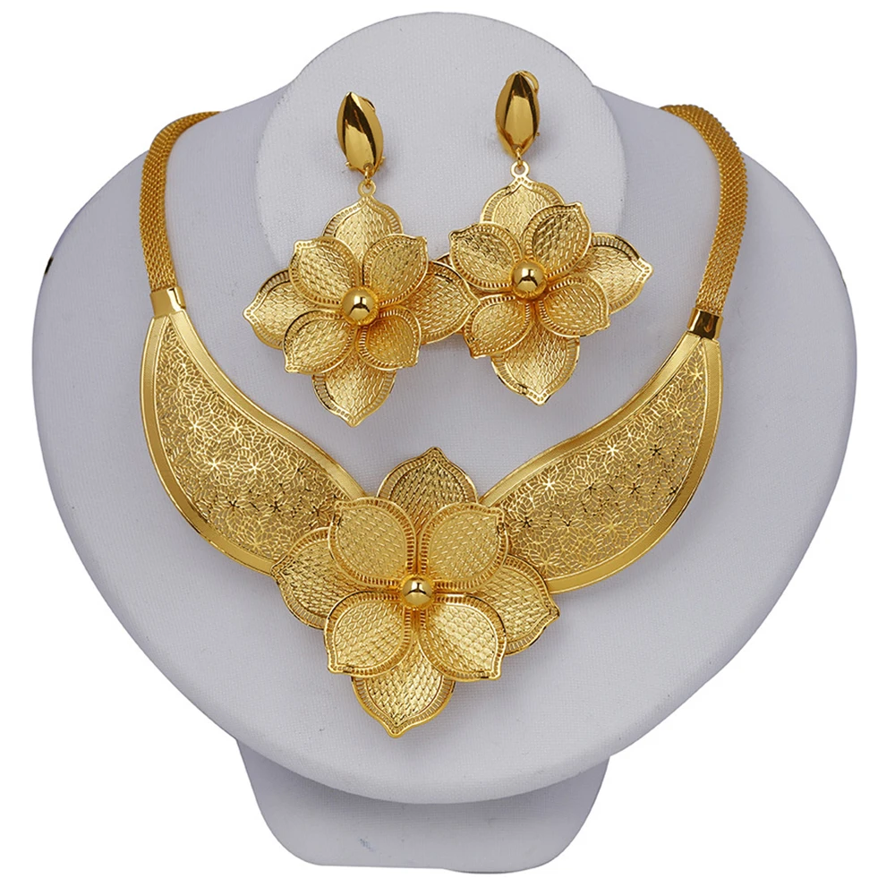 

Hot Sale Jewelry Dubai Earrings Necklace African Trendy Vintage Necklace Golden Color Earring Set Women Party Gifts Design