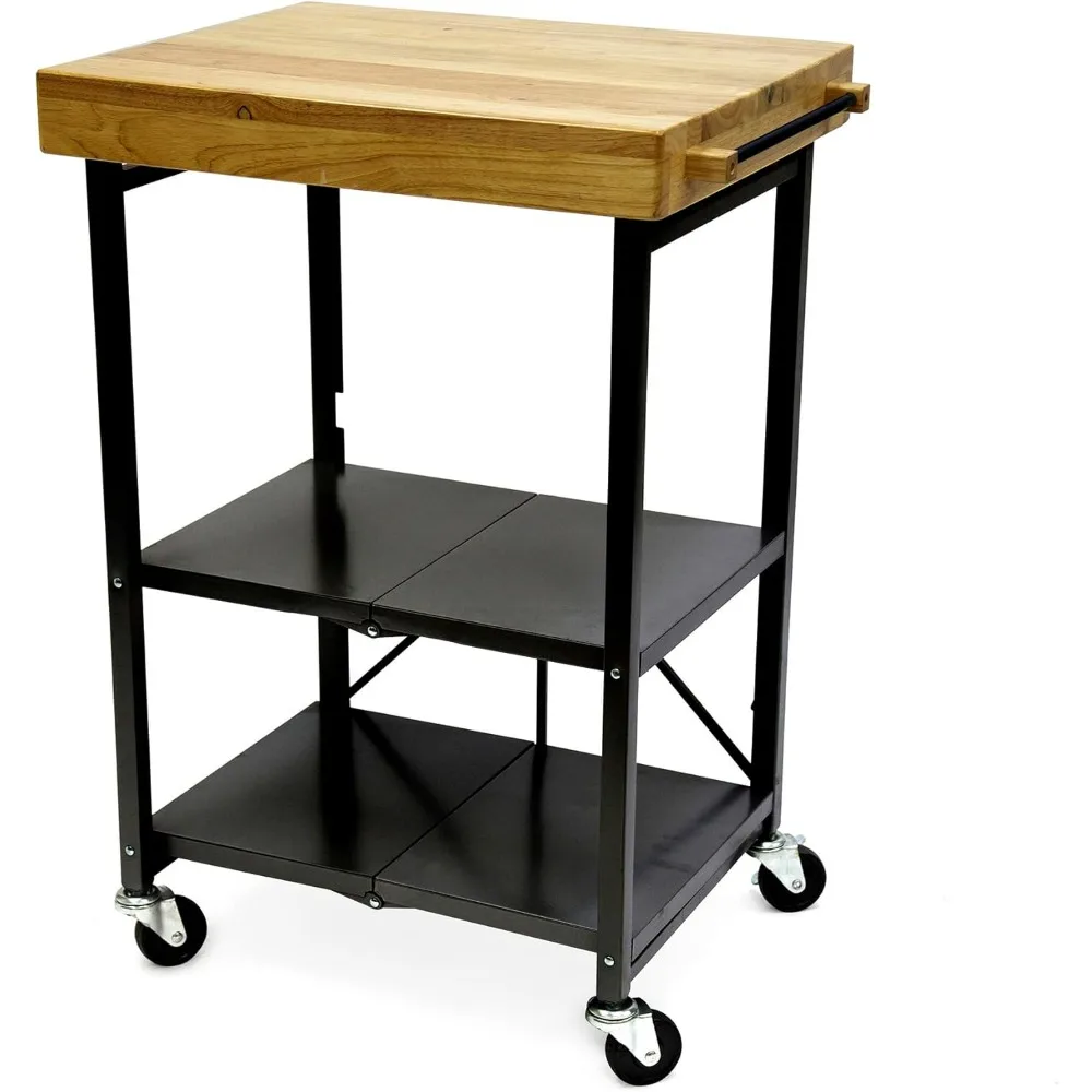RBT Series Steel-Frame Folding Kitchen Cart with Wheels, 3-Tier Shelves, Black - 200 lbs Capacity, Pre-Assembled Foldable Rolli