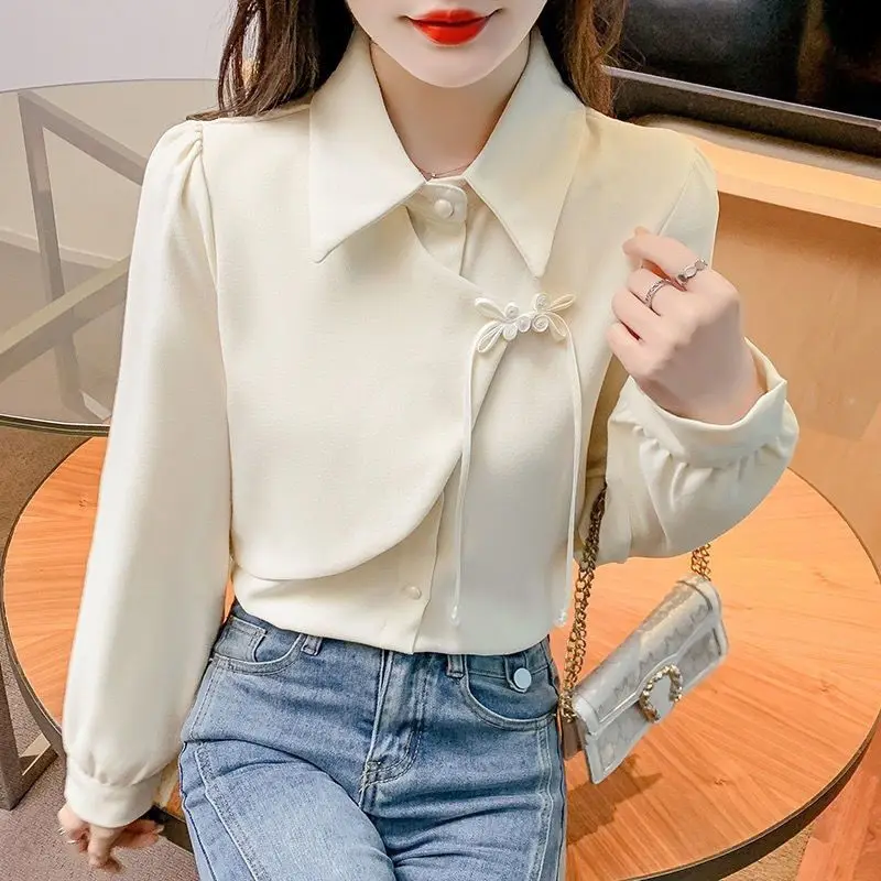 Fashion Lapel Spliced Button Lace Up Shirts Women's Clothing 2024 Autumn Winter New Loose Solid Color Sweet Tops Korean Blouses