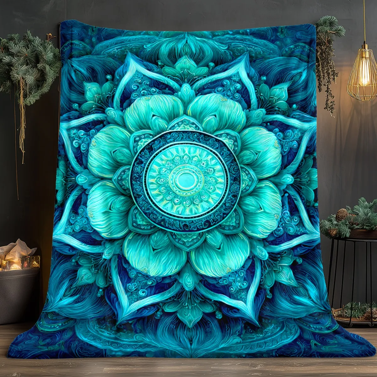 

Turquoise Blue Mandala Print Flannel Blanket Lightweight Soft Machine Washable for Sofa Bed Camping Office Indoor Outdoor Use
