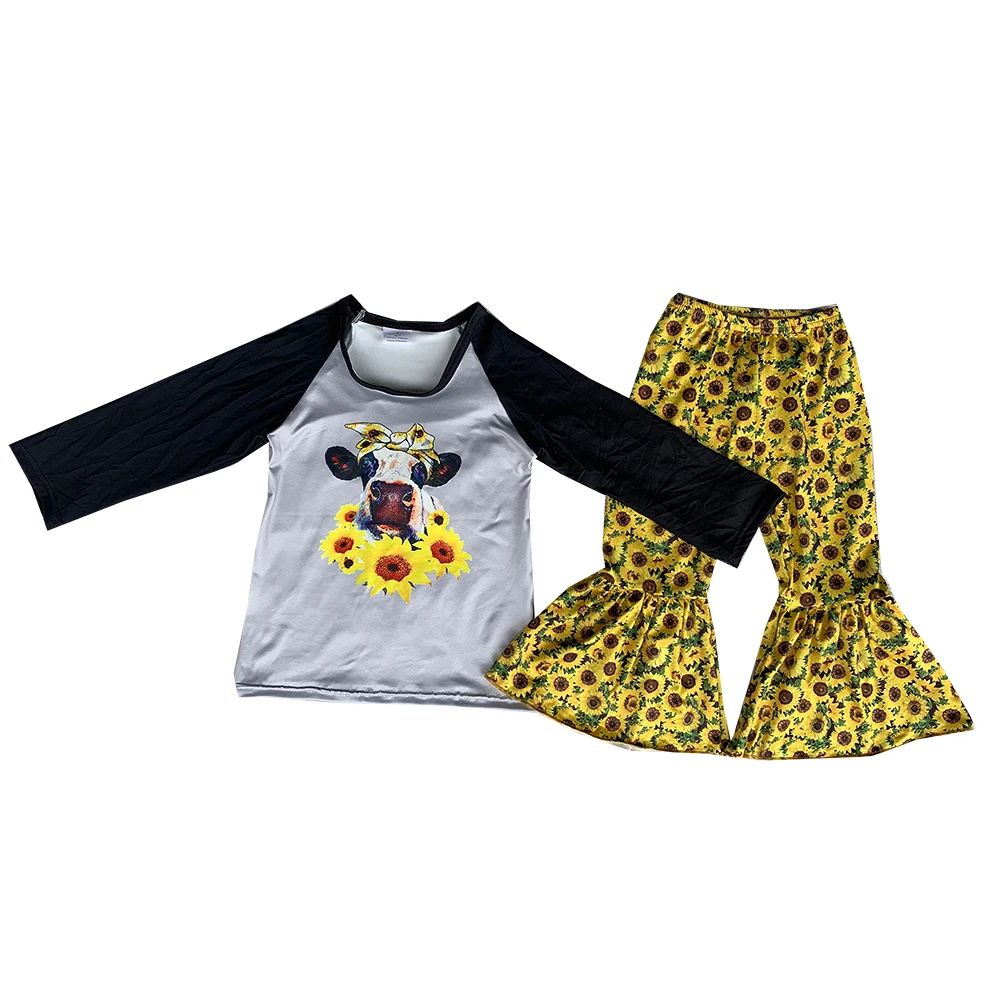 

Wholesale hot sell girls baby clothes long sleeve tops and bell-bottom pants set sunflower print milk silk fabric