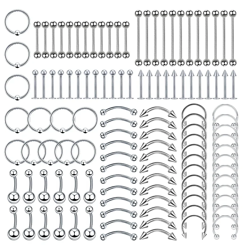 

60/120/150PC Surgical Steel Body Piercing Jewelry Lot Bulk Nose Ring Tongue Bar Lot Eyebrow Labret Piercing Set Horseshoe Ring