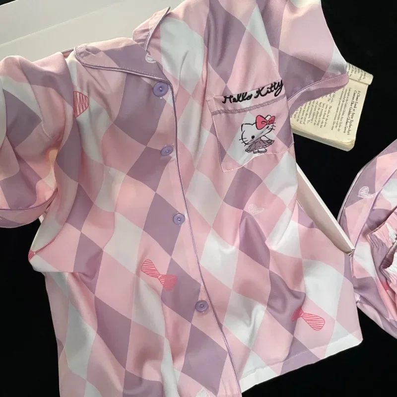 

Новые милые розовые женские пижамы с героями мультфильмов «Hello Kitty», комплект из двух предметов, шорты с короткими рукавами, женская свободная домашняя одежда Hello Kitty