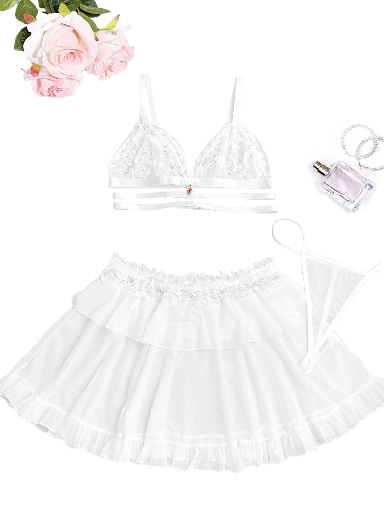 White Lace Semi Sheer Lingerie 3 Piece Set Floral Lace Bra Layer Ruffle Mesh Mini Skirt Matching Thong Sexy Women Intimate Sleep 5