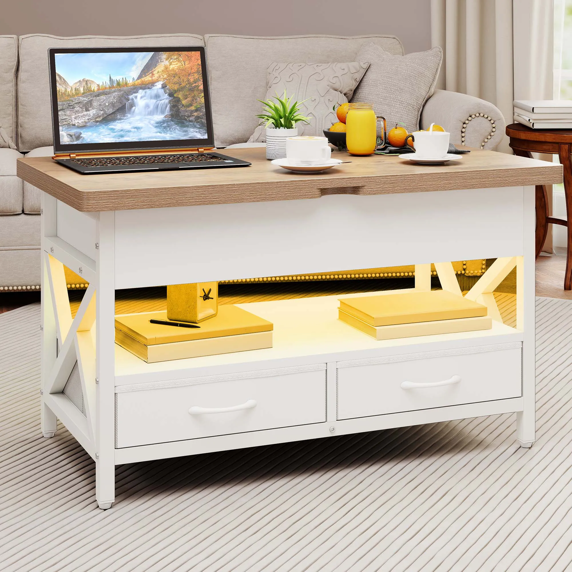 Balconera Table basse relevable – Convertible vers table à manger avec rangement, 2 tiroirs et lumière LED, 90×50×51,5 cm