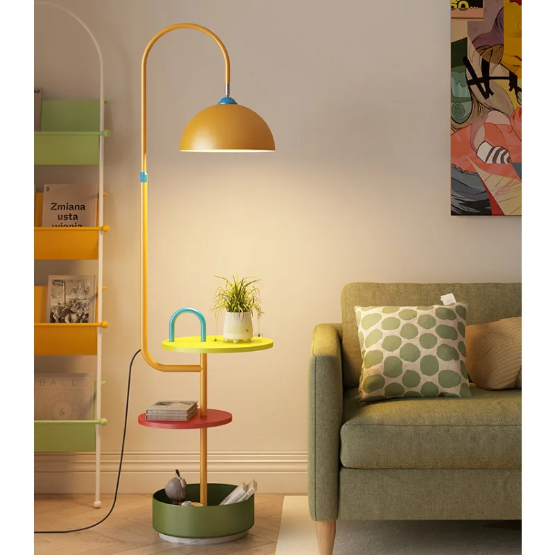 Macaron Colorful Led Floor Lamps for Living Room Sofa Side Shelf All-in-one Vertical Standing Lamp Bedroom Bedside Lights