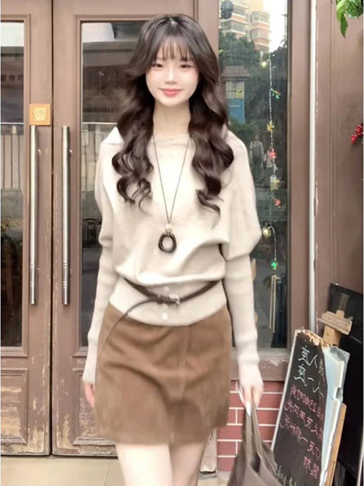 Oatmeal Shoulder Bared Long Sleeve Knitted Sweater Women's Inner Wear 2026 Spring New Style High Waist Slimming Top