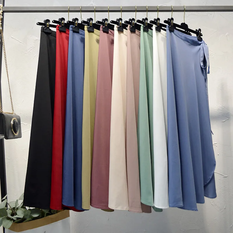 High Waist One Piece Asymmetrical A- Line Wrap Beach Skirt for Women Polyester Fiber Knot Long Skirt Slimming Effect H1