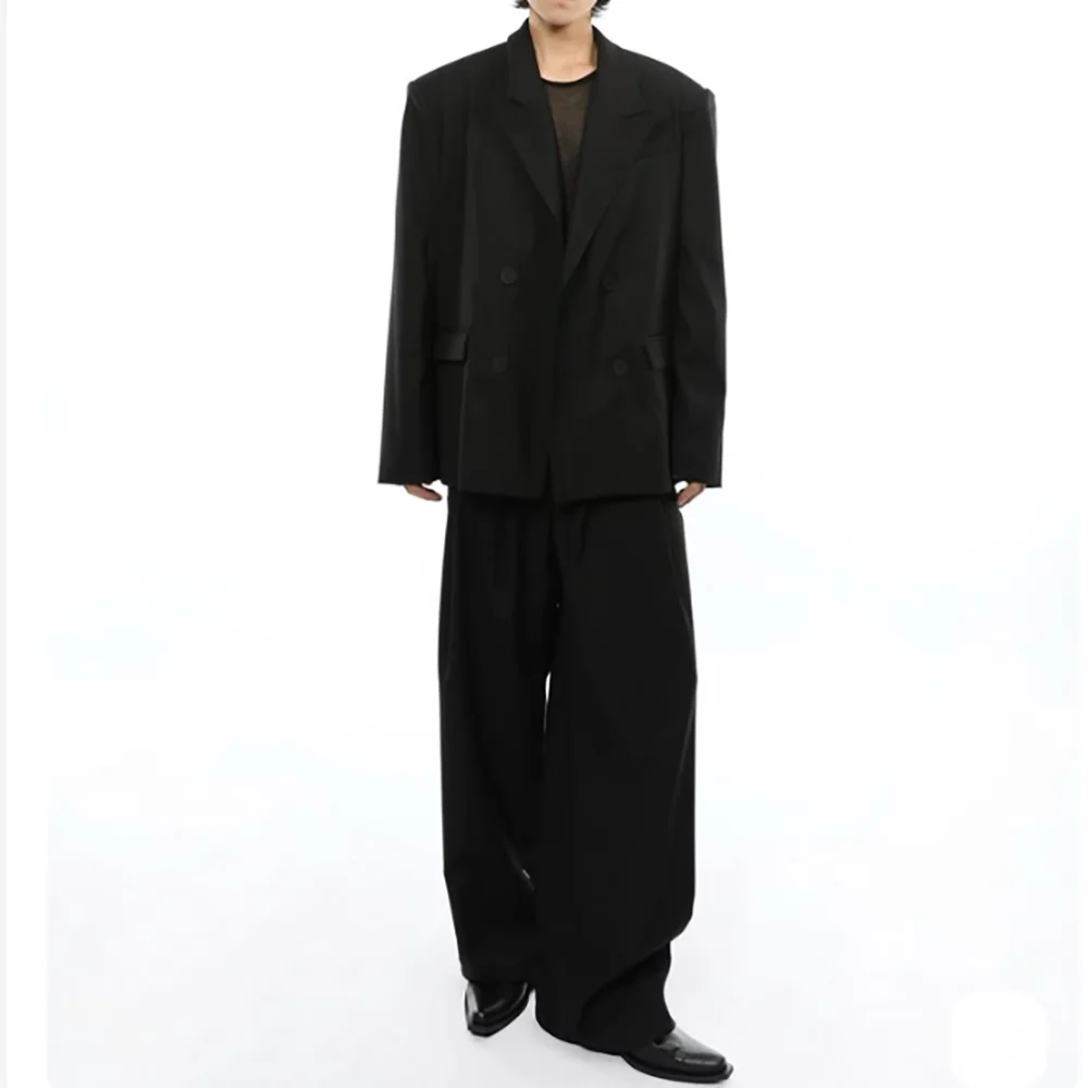 

Black Loose Fashion Double Breasted Peak Lapel Men's Suits 2 Piecs Blazer Pants Business Casual Social Party Clothing