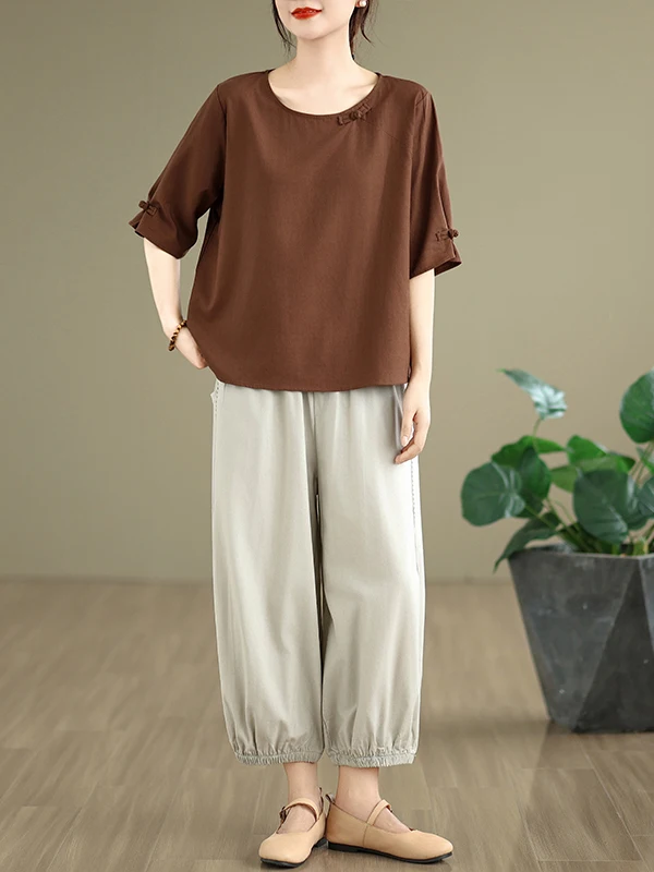 レトロなコットンリネンファションセット、ボタンデザイン、またはSve T-irt、伸縮性ウエスト、九分丈ハーランパンツ、カジュアルツーピースセット
