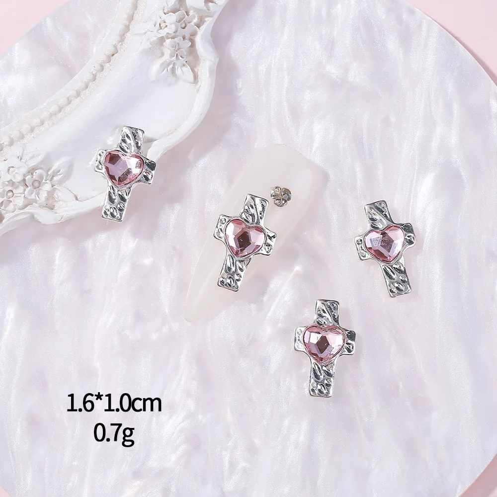 10pcs Silver Alloy Colored Love Cross Nail Charms Gem Jewelry Luxury Zircon Nail Art Accessories DIY 3D Nails Decorations Parts