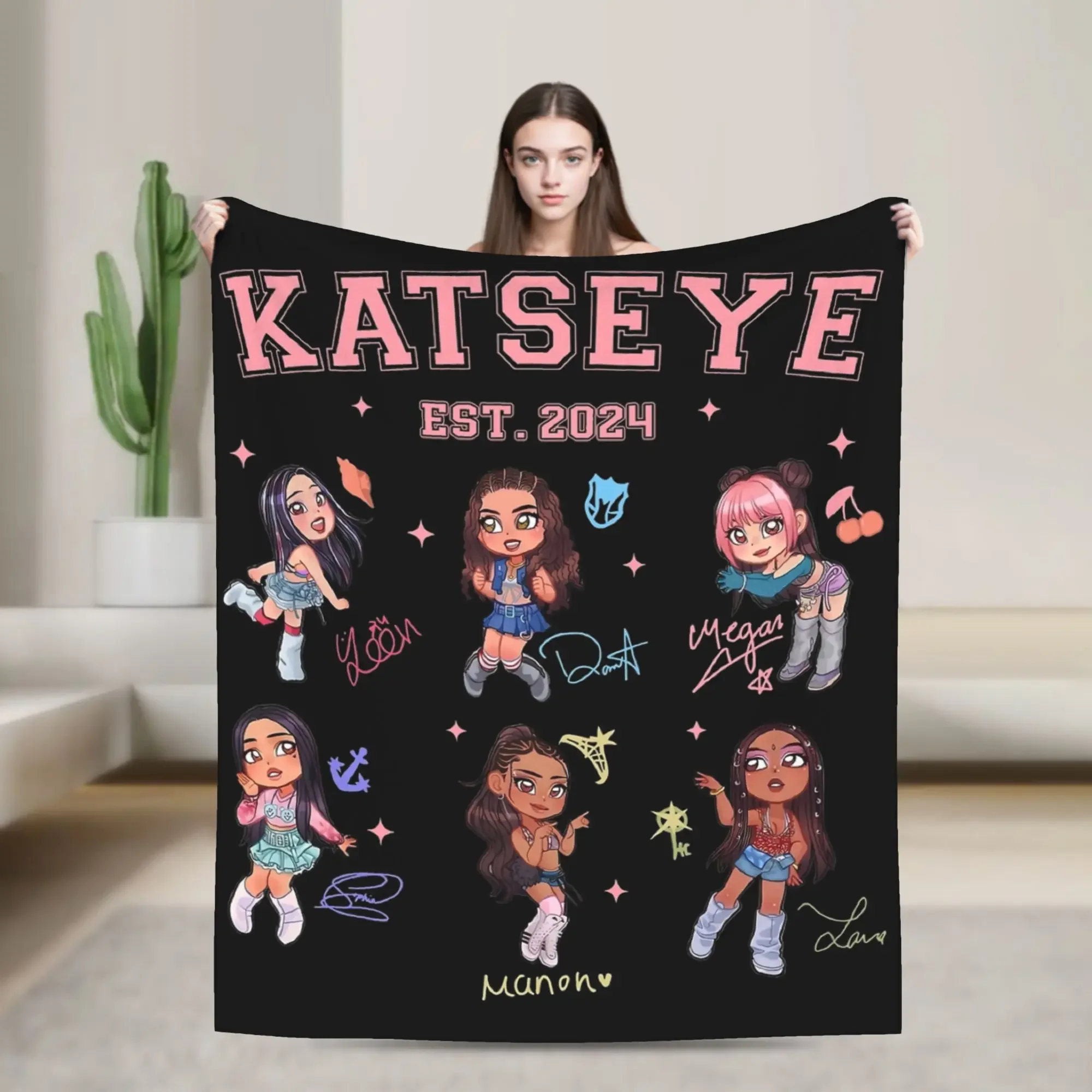 Katseye Members Chibi Blankets Flannel Multifunction Lightweight Thin Throw for Home Bedroom Quilt Decor