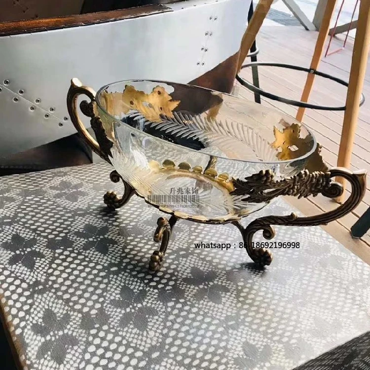 Indian Imported European Vintage Brass American Glass Fruit Tray Light Luxury Luxury High-end Desktop Storage Fruit Basket