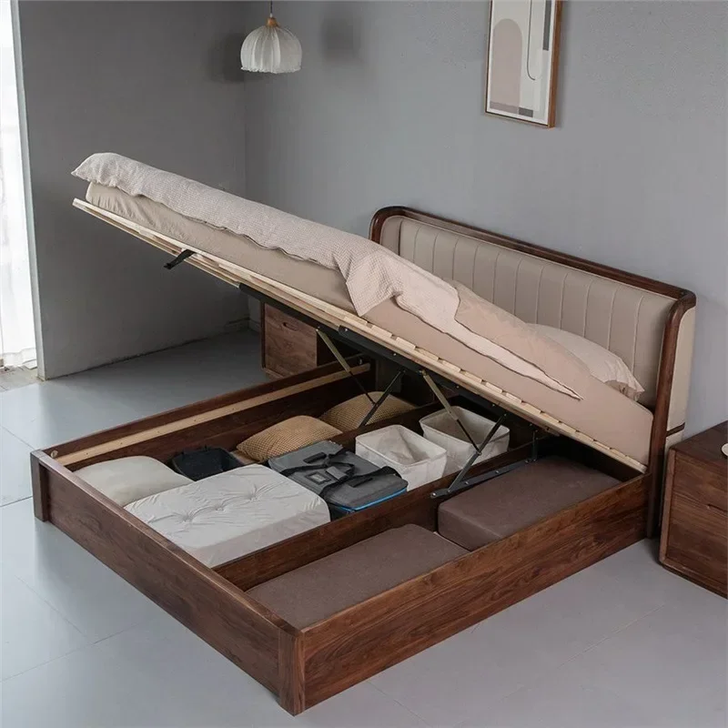 Nordic all solid wood high box soft bag black walnut storage air pressure bed light luxury minimalist floor bed bedroom furnit