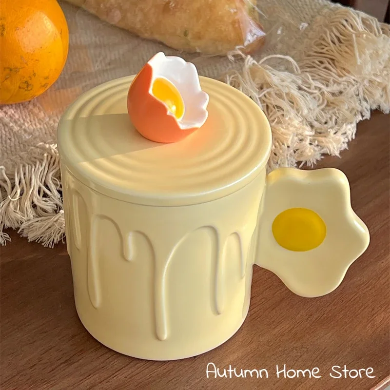 Cute Yellow Fried Egg Poached Egg Creative Milk Ceramic with Lid Mark Water Cup Breakfast