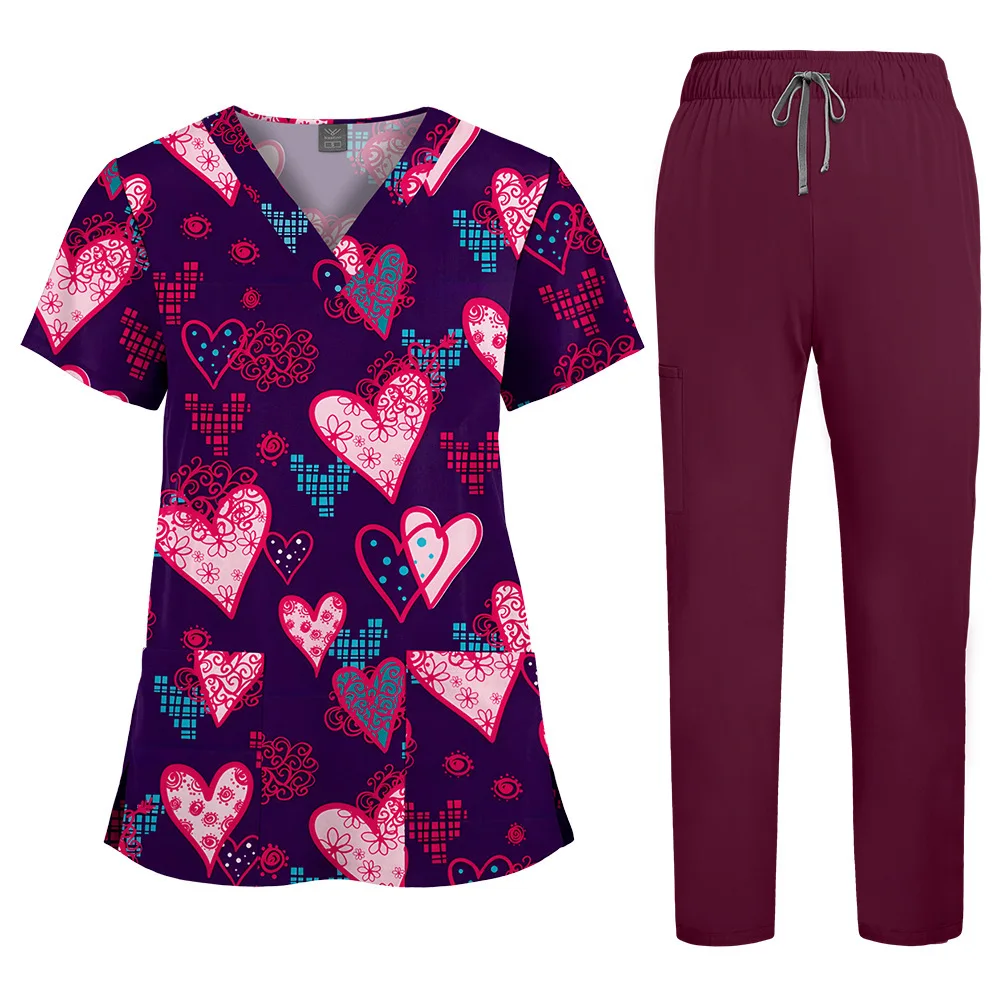 Set per il lavaggio delle mani stampato Pantaloni dritti elastici sottili in tinta unita Abiti da infermiera per spa ospedaliero Temu