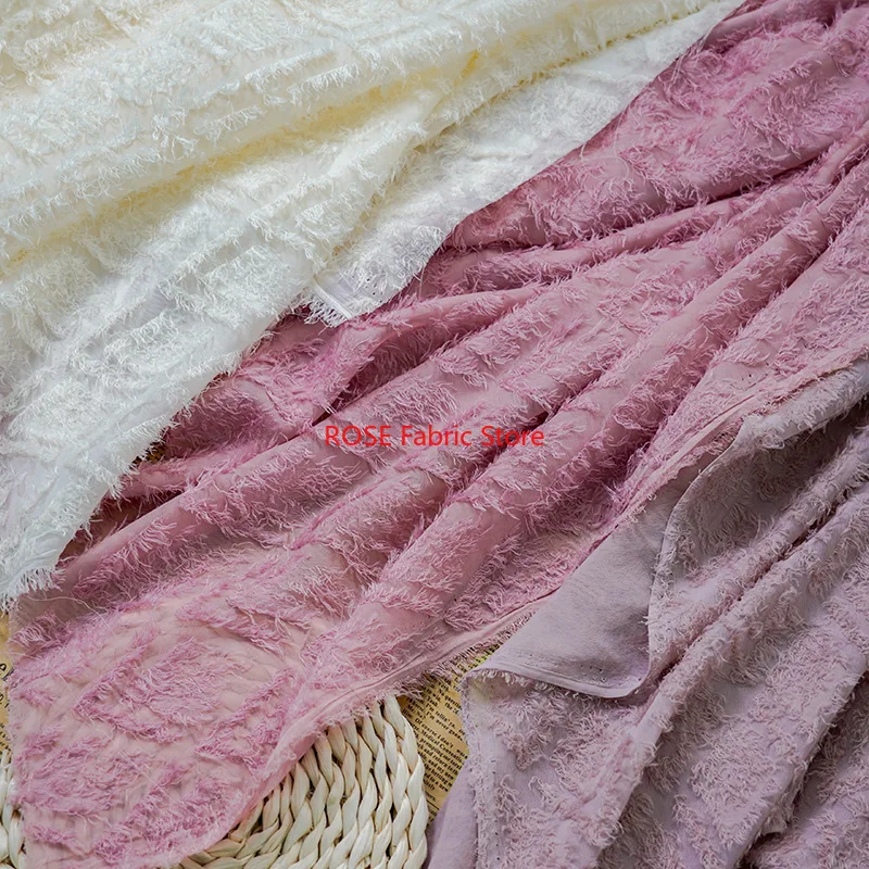 

Fashionable Cutout Floral Jacquard Chiffon Fabric with Tassels For Wedding Dress, DIY Sewing, Designer Fabric