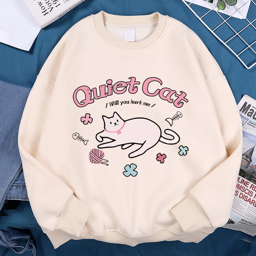 Quiet Cat Will You Hurt Me Print Men Women Hoodie Harajuku Sweatshirt Crewneck Cartoon Clothing Fleece Loose Pullover Couple