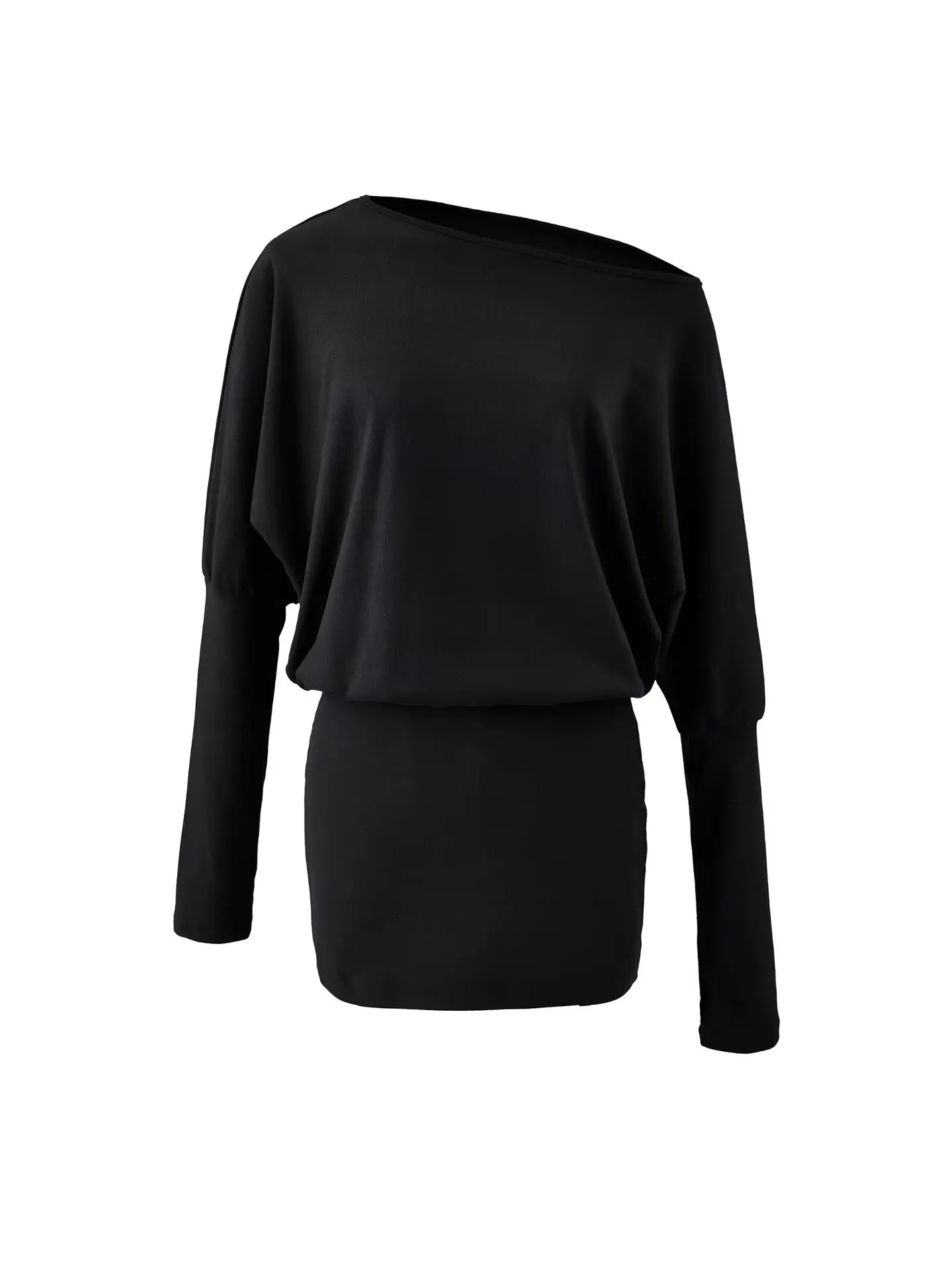 Withered New Women's Long Sleeved Dress With Fallen Shoulders Slim Fit And Slimming Waist Cinched Slanted Shoulder Bag Hip