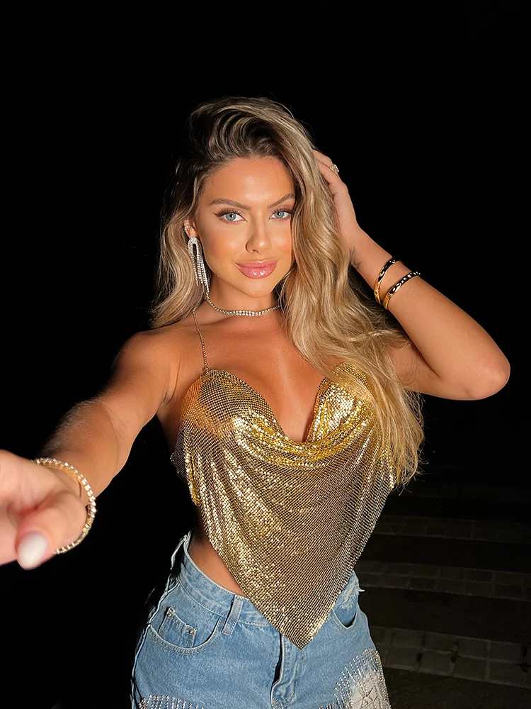 المرأة لامعة الترتر المعادن قمم للدبابات ، مثير عارية الذنب ، الخامس الرقبة ، قابل للتعديل سلسلة المحاصيل الأعلى ، سيدة ، مهرجان ، الهذيان الطرف ، النادي ، قميص قصير