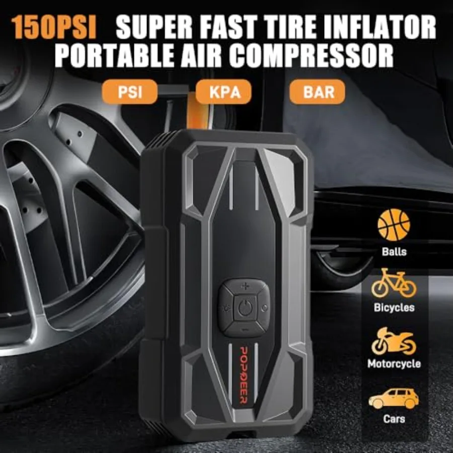 كاتب الانتقال المحمول مع ضاغط الهواء 5000A 150PSI 30W لجميع الغاز ومحركات الديزل 10L شاحن بطارية 12 فولت مع ضوء LED