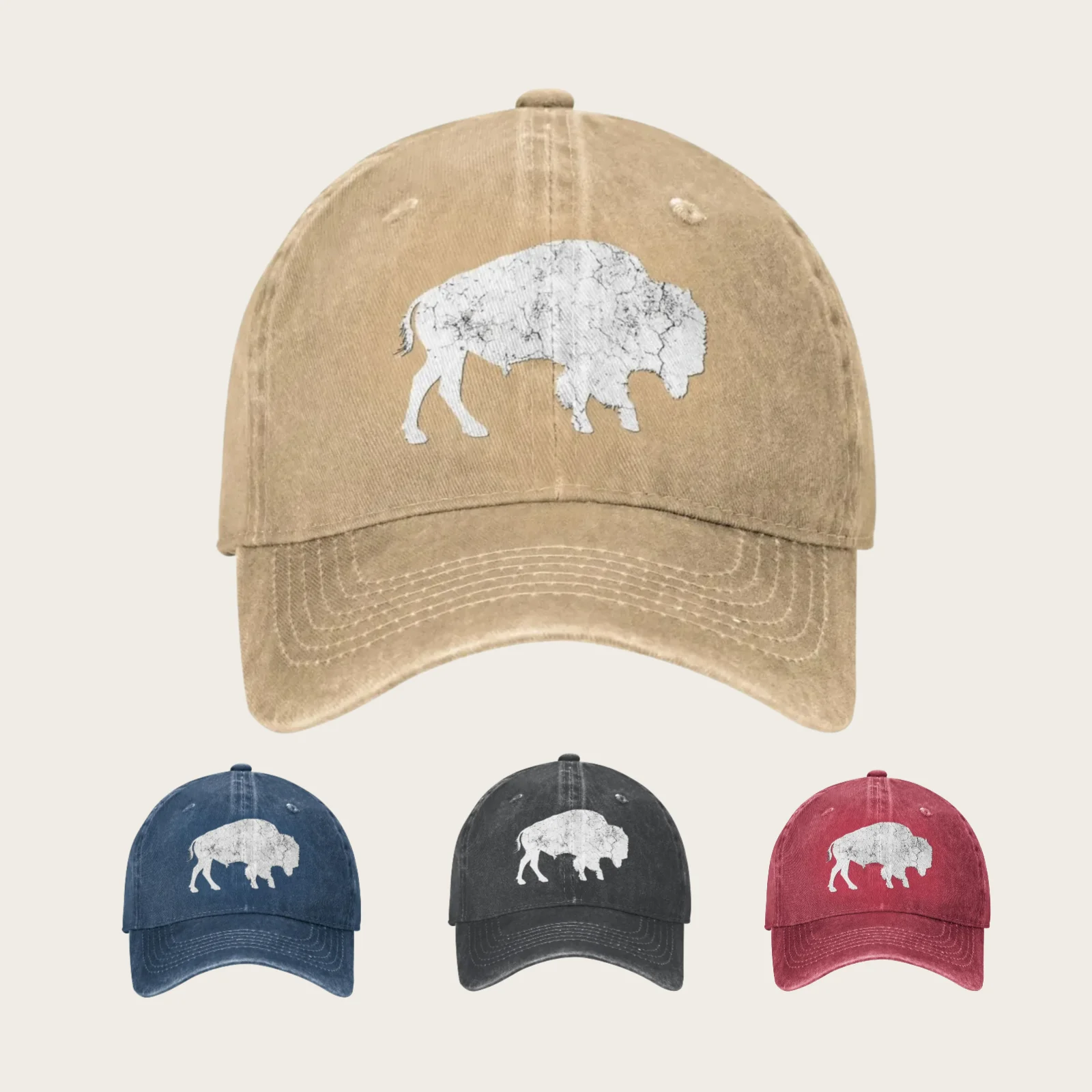 1pc Washed Distressed Buffalo Retro Bison Animal Lover Gift Cowboy Hat Baseball Cap Adjustable Snapback Dad Hat Summer Hat Black