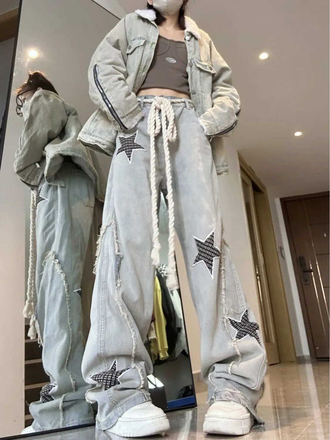 

Fall Large Size 300 Pou High Street Waed Jeans Men's Vintage Cool Wide Leg Straight Long Pants American Sle Denim