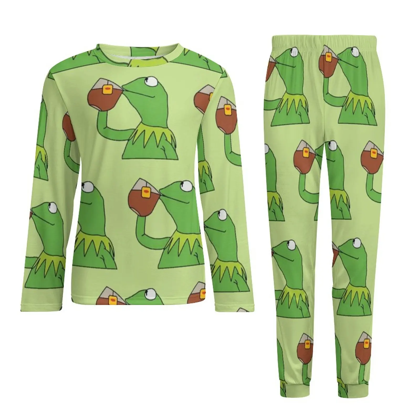 Frog Meme Pajamas Autumn 2 Piece Tea Has Been Served Cool Pajama Sets Man Long Sleeve Home Graphic Home Suit Big Size 4XL 5XL