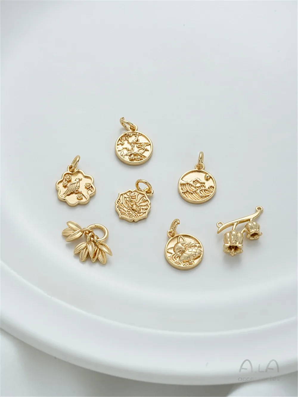 14K Package Gold Country Style Fairy Deer Lotus Pond Moonlight Sparrow Plum Cat Lily Flower Bud Pendant DIY Jewelry Pendant