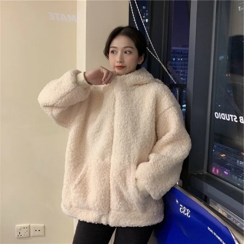 Autumn Winter Women Green Beige Zip-up Sweatshirt Kawaii Fleece Faux Fur Long Sleeve Hooded Teddy Bear Ears Soft Hoodies White