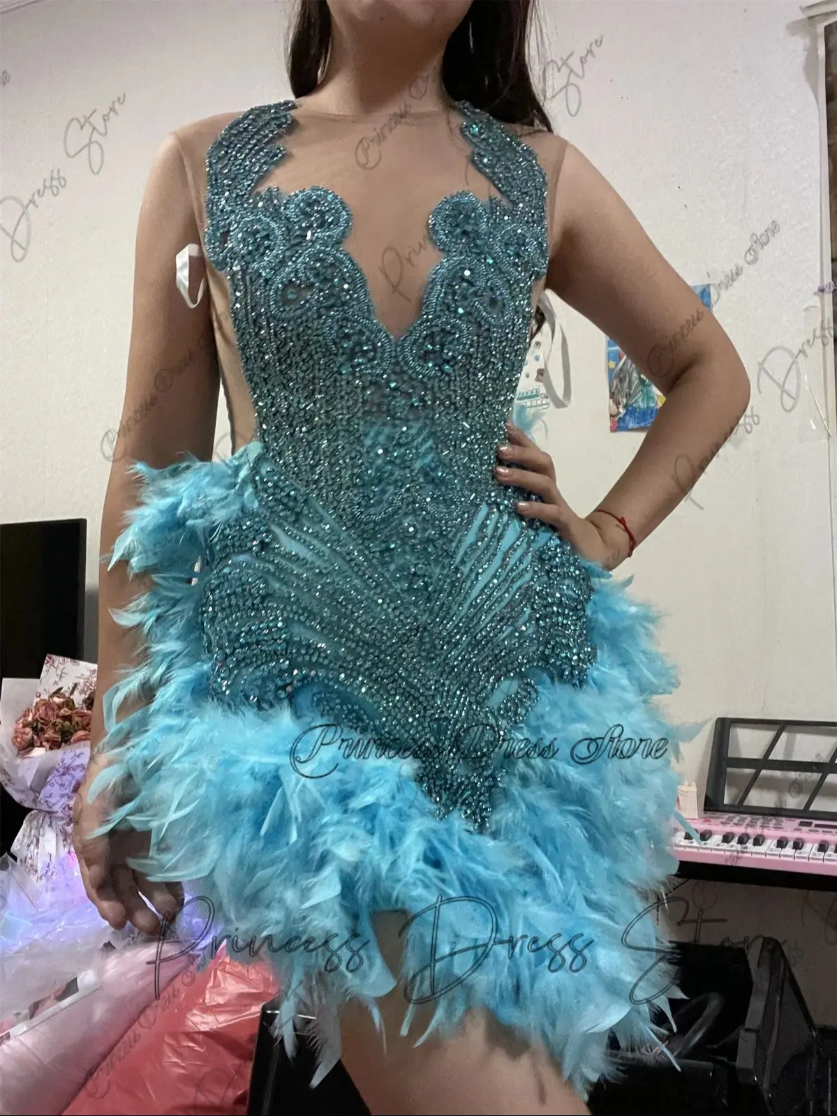 Luxury 100% Real photograph Rhinestones Short Prom Dresses Crystals Feathers Mini Cocktail Dresses Party Gowns Homecoming Dress