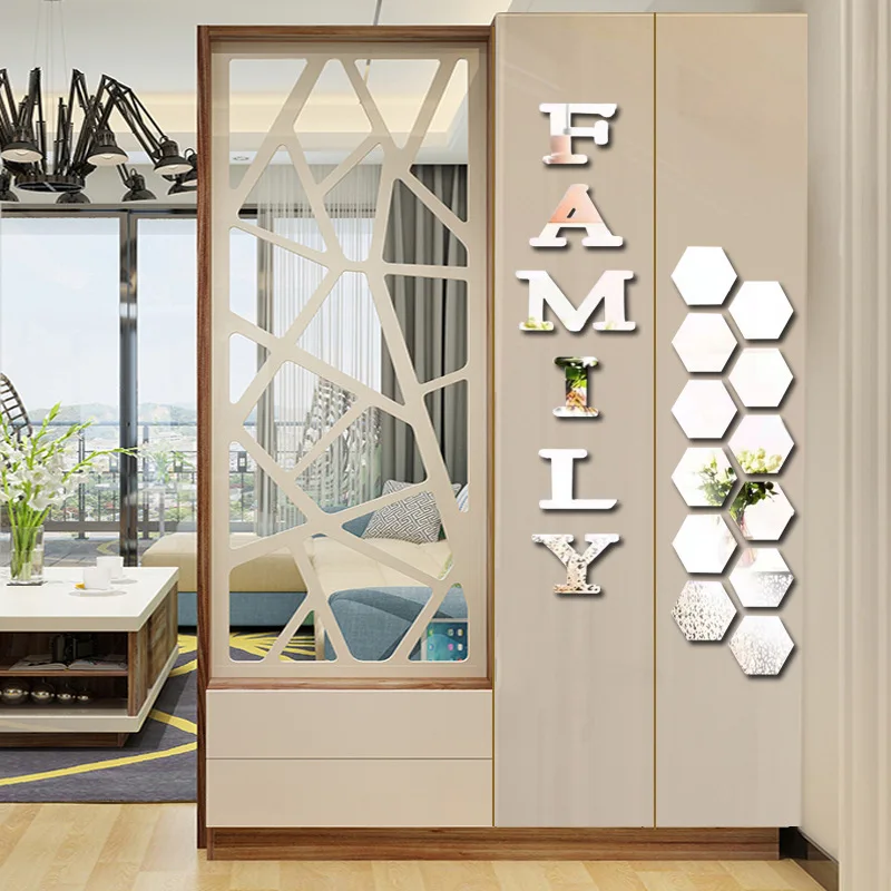 

Wall Stickers FAMILY Home Acrylic 3D Stereoscopic Mirror Wall Stickers Entrance Decoration Home Decor