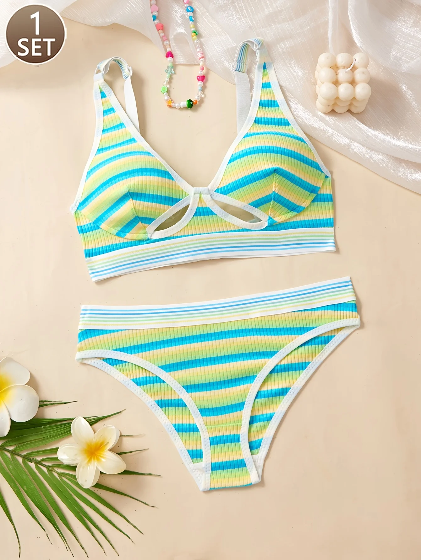 Image of 1 Set sexy gestreiftes, nahtloses Damen-BH-Set mit gekreuzten Öffnungen und ohne Bügel für bequeme BH-Unterwäsche