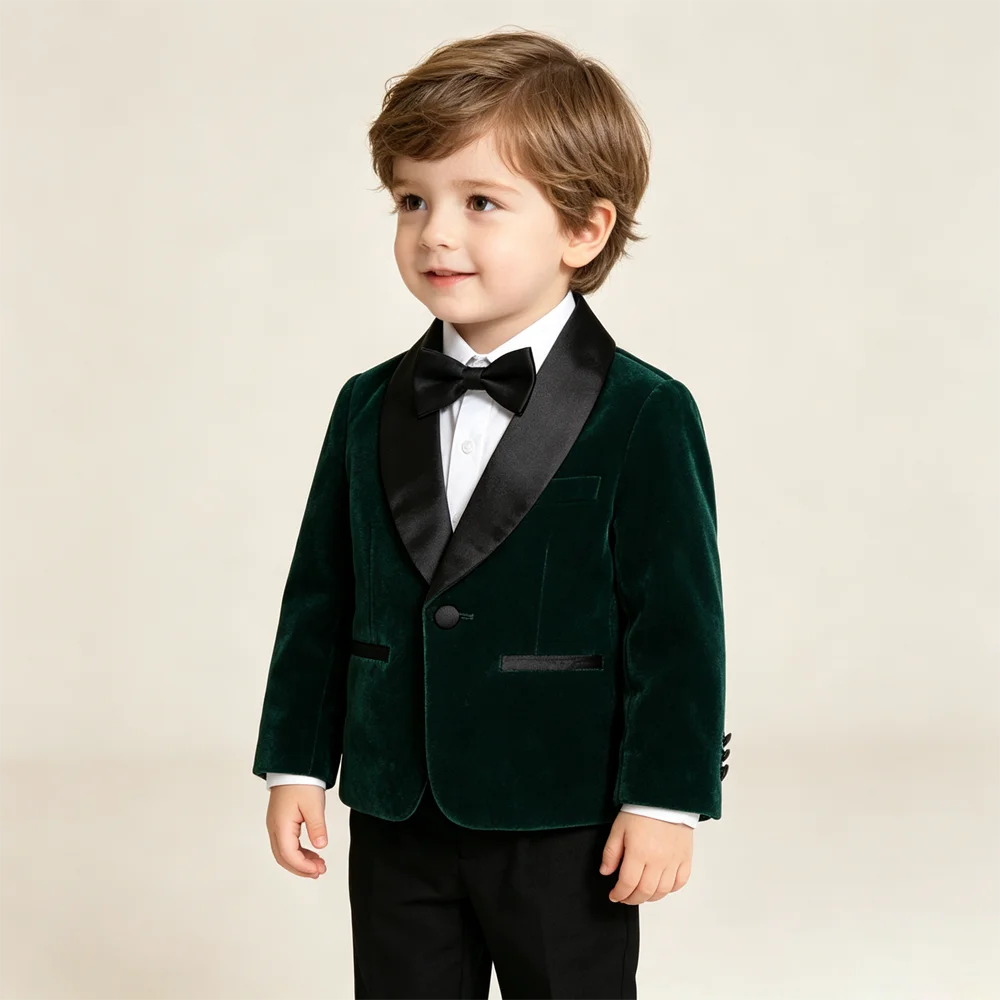 Boys Velvet Suit 3Pcs Burgundy Black Tuxedo Jacket Black Pants Bow Tie White Shirt Inside Wedding Birthday Party Formal Outfit