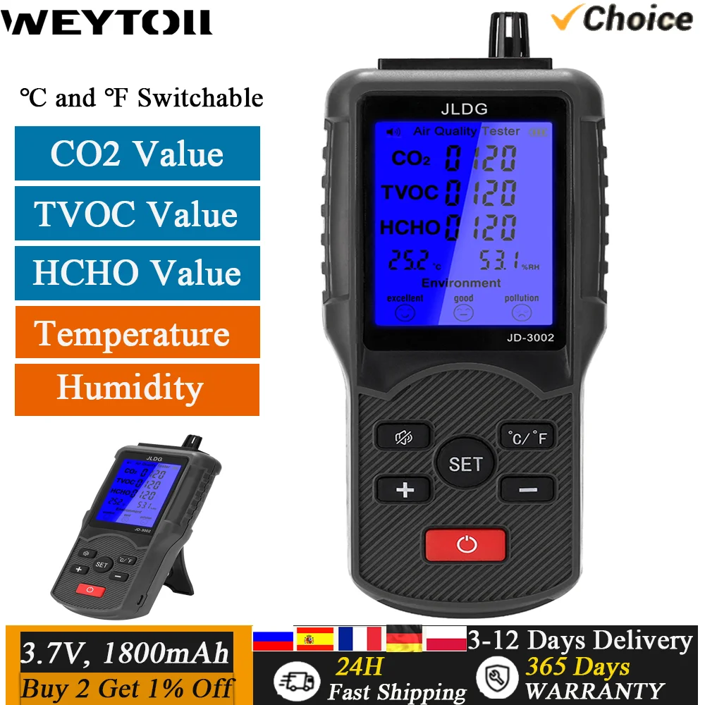 JD-3002 Air Quality Detector CO2 HCHO TVOC Temperature Humidity Measuring Device CO2 Meter Multifunctional Air Quality Analyzer