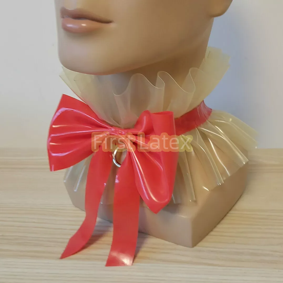 Handmade Unisex Latex Rubber Neck Collar Cosplay Choker Necklace Lolita Bow Tie Ruff Lacing Collar Transparent with Red Bow