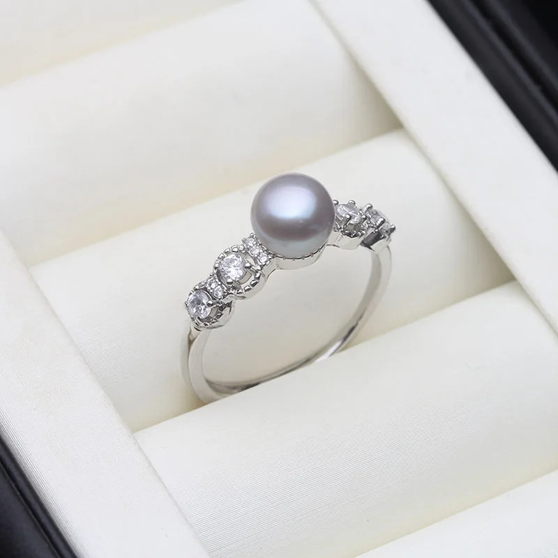 Real Natural Freshwater Pearl Rings,Vintage 925 Silver Ring with Real Pearls Adjustable Mother Wife Birthday Gift  White Black