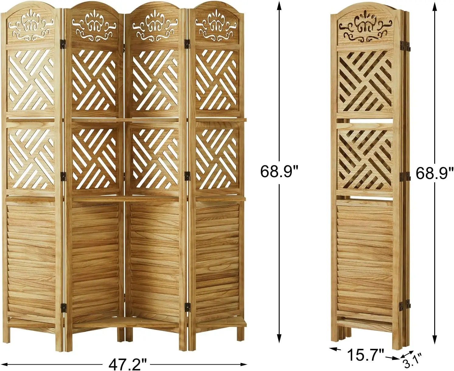 مقسم غرفة مع أرفف، مقسم حائط منحوت وخشب 68.9 بوصة قائم بذاته، 4 ألواح شاشة تقسيم قابلة للطي #5