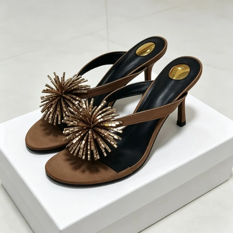 

Luxury Rhinestone Flower Heeled Sandals Women Summer 2026 Open-toe Slides Party Shoes Designer Women Slippers Sandalias De Mujer