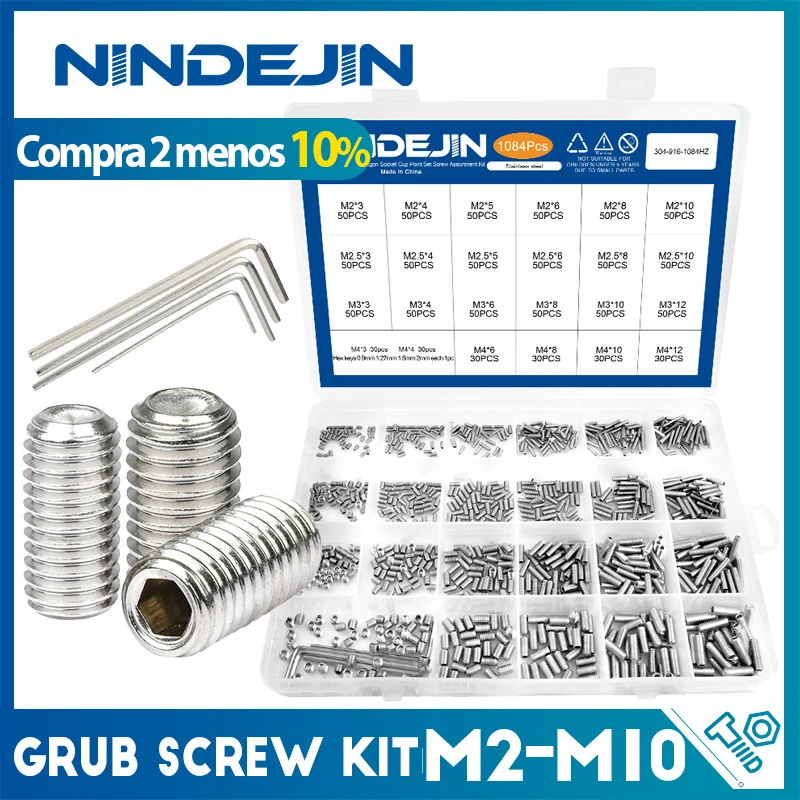 Nindejin kit de parafuso grub M2-M10 304 aço inoxidável encanta soquete copo ponto conjunto parafuso sem cabeça sortimento kit com chaves sextavadas