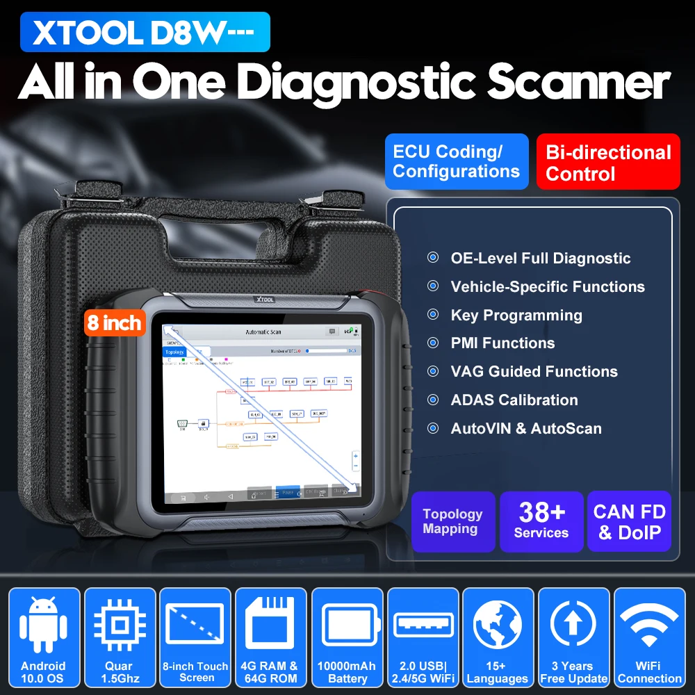 XTOOL D8W WIFI Full Car Diagnostic Scanner ECU Coding PMI 38+ Resets CAN FD/DoIP Topology OBD2 Code Reader Diagnostic Tools