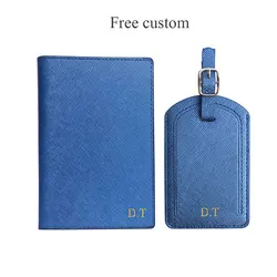 Funda de pasaporte con nombre personalizado gratis, juego de Etiquetas de equipaje, moda Saffiano, cuero PU, soporte para pasaporte, monedero de viaje personalizado