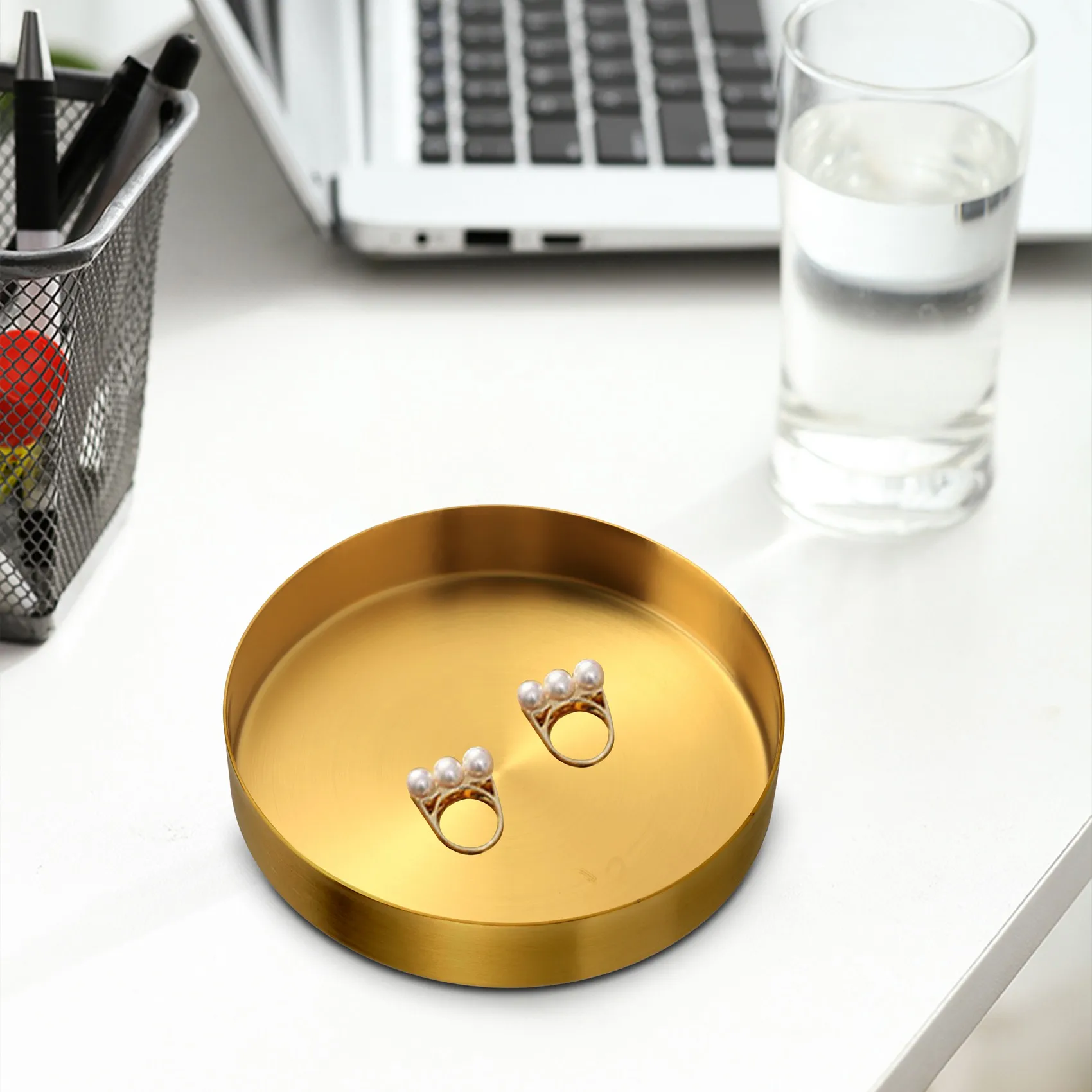 Trending Now Round Gold Tray,Metal Decorative Tray Makeup Tray Organizer for Vanity,Bathroom,Dress,Matte Brass Finish, 4.9 Inch