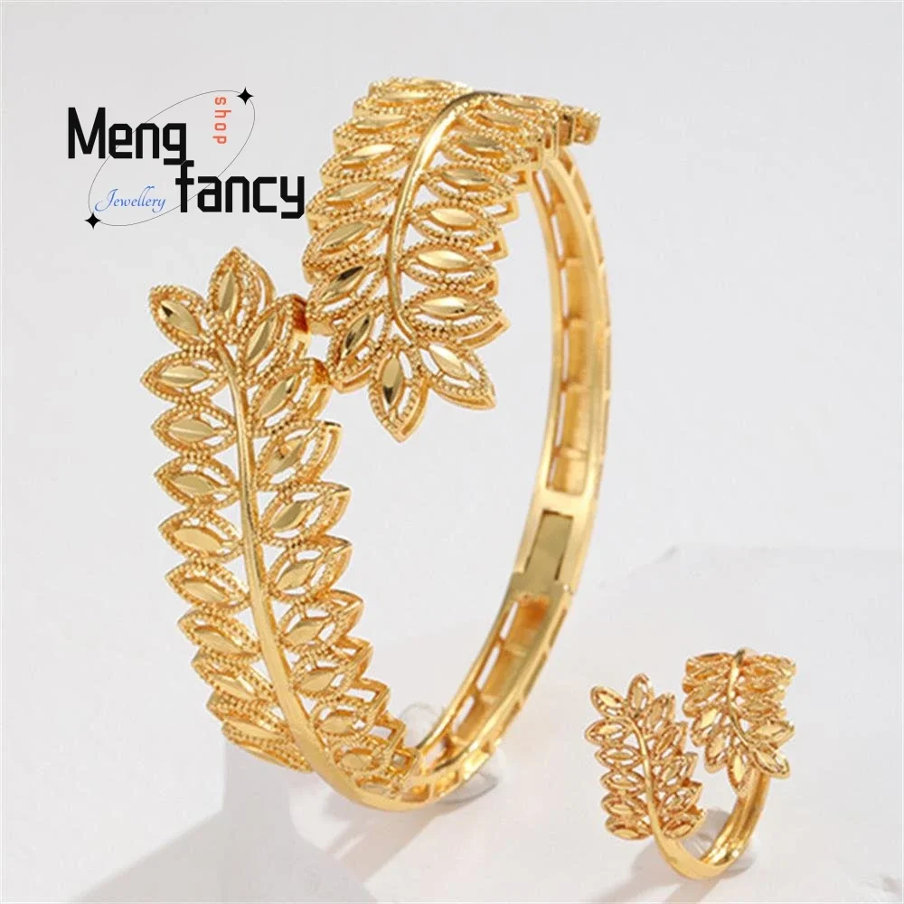 Zand Goud 24K Opengewerkte Armband Ring Met Tarwe Oren Mode Luxe Charms Fijne Sieraden Sets Vrouwen Designer Bangle Vakantie geschenken