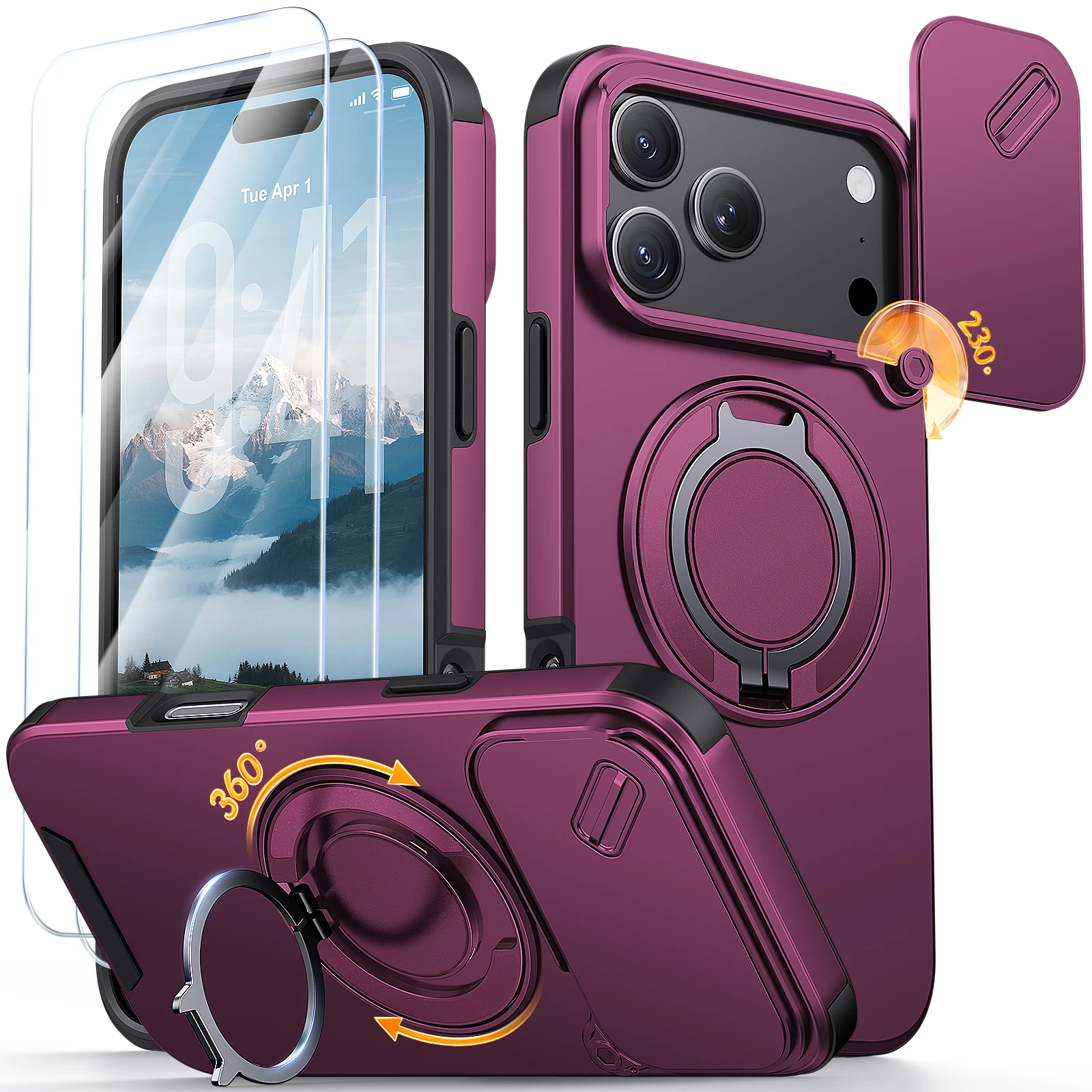 Set di 3 custodie per iPhone 18 Pro Max/18 Pro Max, iPhone 17 Pro Max/17 Pro, custodia magnetica antiurto con supporto ad anello, supporto magnetico e copertura scorrevole per la fotocamera + 2