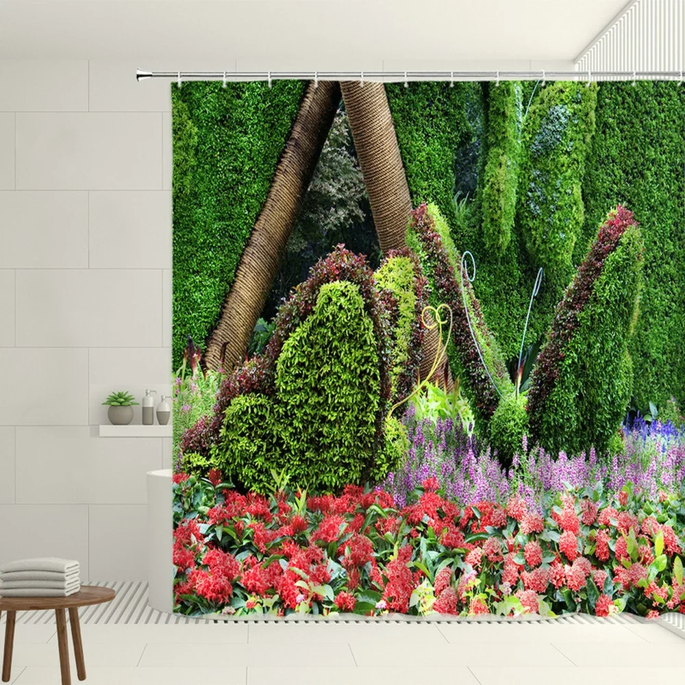 Garden Landscape Shower Curtain Stone Turtle Creative Grass Animals Elephant Butterfly Flower Decor Cloth Curtains Bathroom Sets