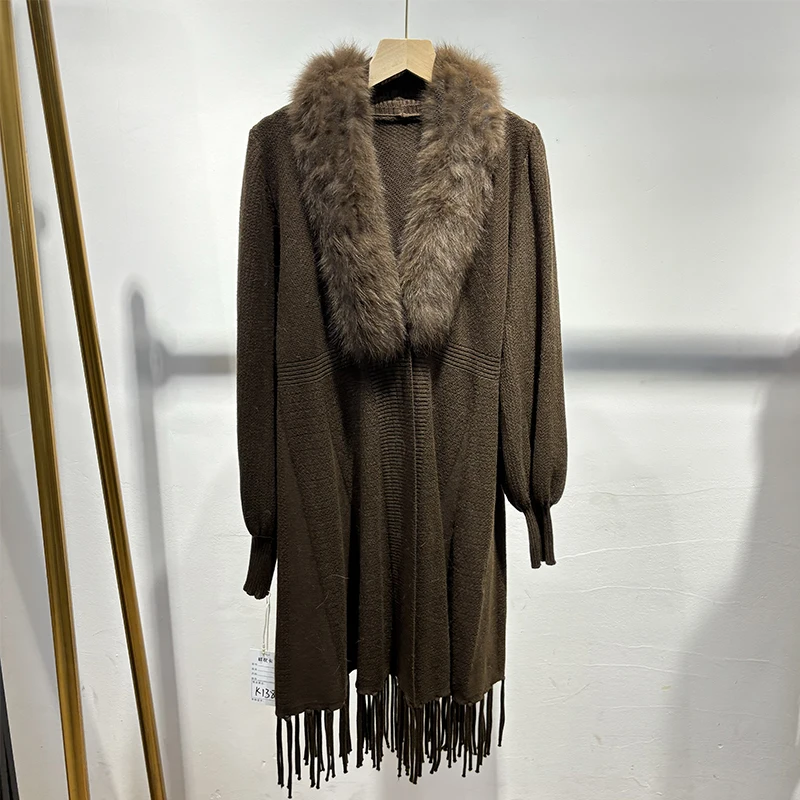 

2025 Women Winter Coffee Real Fox Fur Collar Thick Knitting Slim Girl's Luxury Milk Tea Long Sweater Jacket Coat