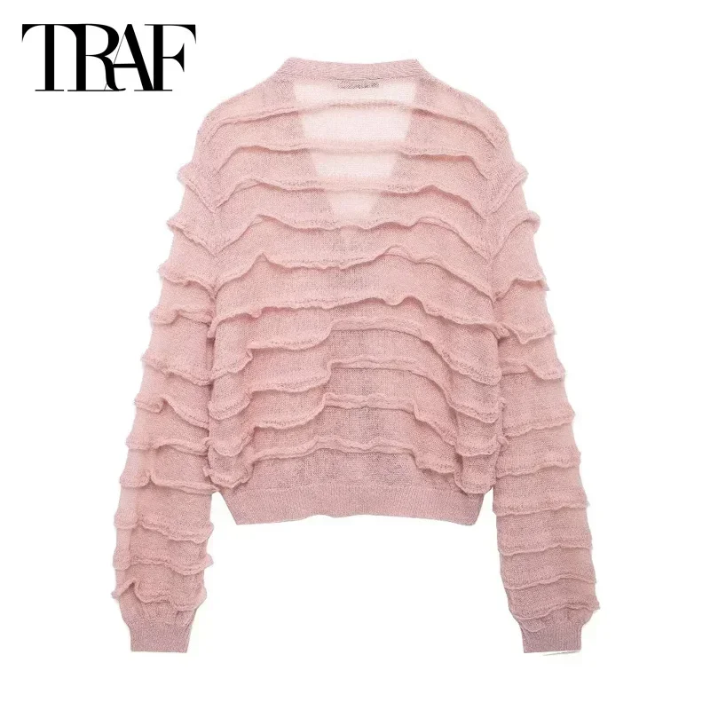 TRAF 2024 Women  Ruffled Transparent Cardigans Autumn Women Cropped Pink Knitted Sweater Outerwear Elegant Casual Short Knitwear